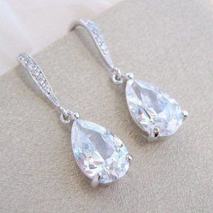 NEW Teardrop Pear Cut Diamond CZ Earrings Faceted Dangle French Hooks